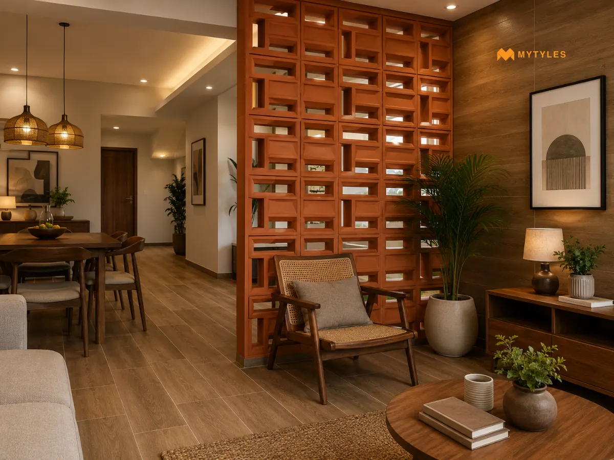 Terracotta Jali with Wood-Look Tiles for a Warm Living Room Divider